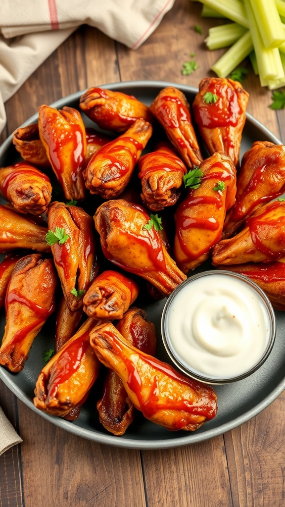 Crispy chicken wings on a platter with BBQ sauce and ranch dressing.